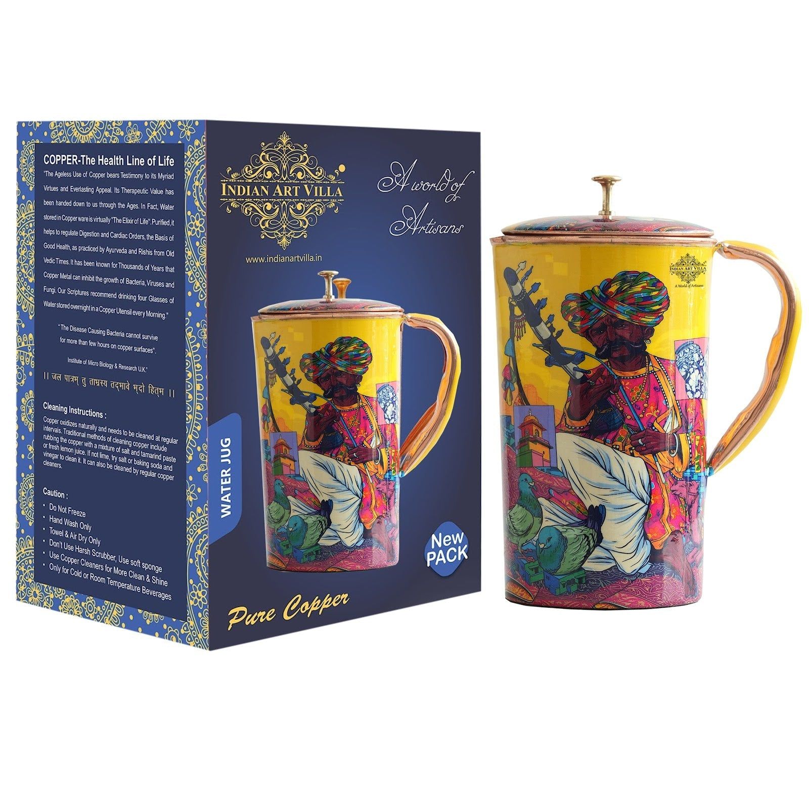 Pure copper printed jug padharo mhare desh design rajsthanimusician, 1500 ML